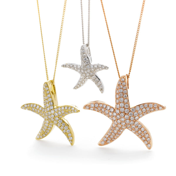 18ct Gold Diamond Set Starfish Pendant & Chain (0.44ct) Available In White Gold, Yellow gold & Rose Gold