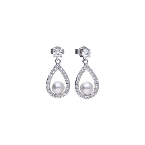 Silver teardrop shape drop earrings with white shell pearls and cubic zirconia