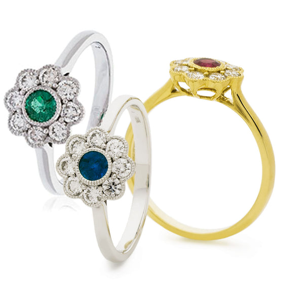 18ct Gold Diamond Flower Ring. Available With Sapphire, Ruby Or Emerald In White Or Yellow Gold