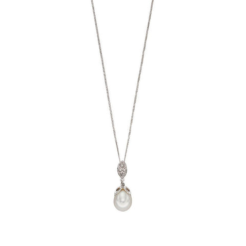 9ct  White Gold Pendant With Freshwater Pearl And Diamond Necklace