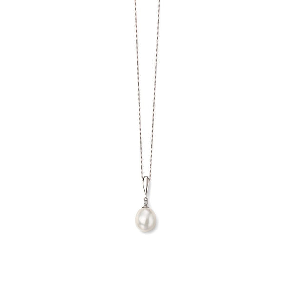 9ct White Gold Freshwater Pearl & Diamond Pendant and Chain