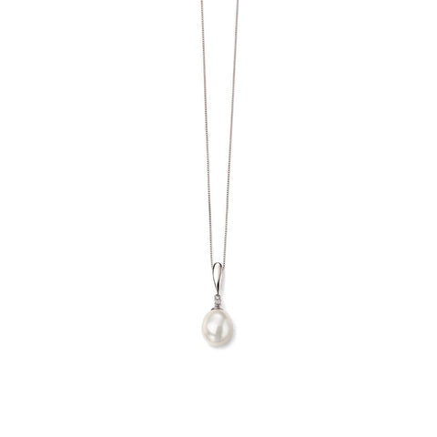 9ct White Gold Freshwater Pearl & Diamond Pendant and Chain