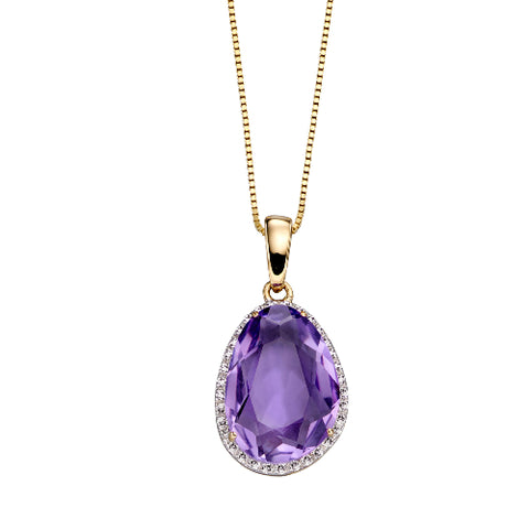 9ct Yellow Gold Amethyst And Diamond Pendant With Chain