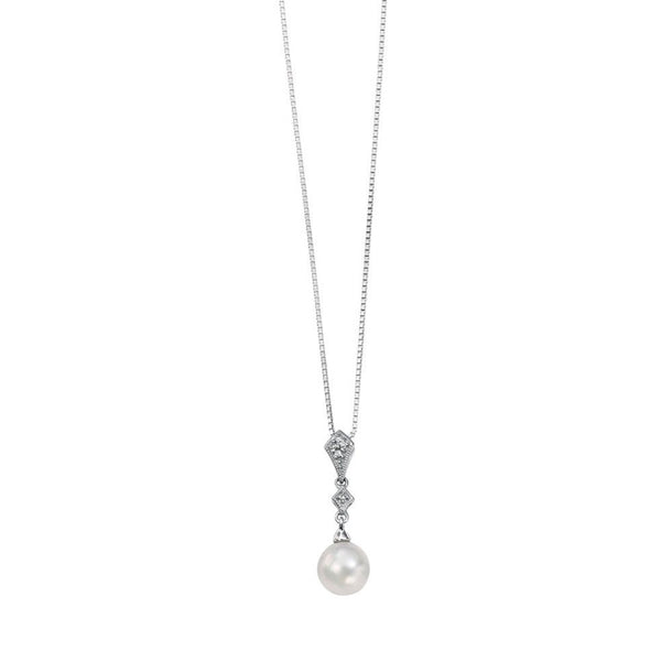 9ct White Gold Diamond and Freshwater Pearl Pendant and Chain