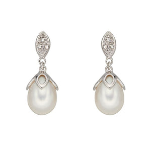 9ct White Gold Earrings With Freshwater Pearl And Diamonds