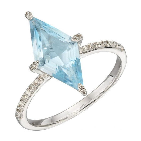 Kite Shaped Ring with Blue Topaz and Diamonds in 9ct White Gold