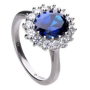 Silver Oval Blue Cubic Zirconia Cluster Ring