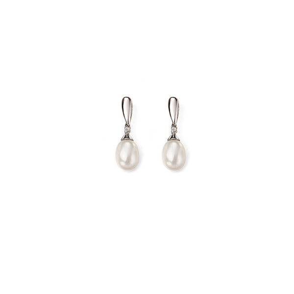 9ct White Gold Freshwater Pearl and Diamond Drop Earring
