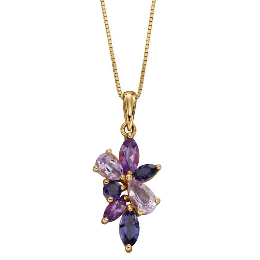 9ct Yellow Gold Amethyst, Iolite And Marquise Teardrop Cluster Pendant