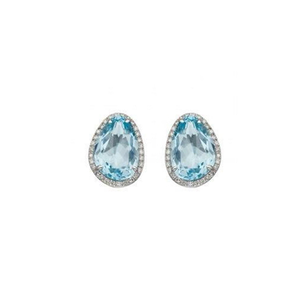 Irregular Shaped Blue Topaz Earrings With Diamonds In 9ct White Gold