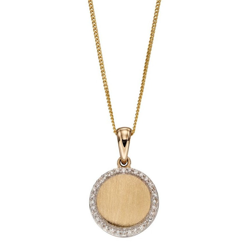 Diamond and Brushed 9ct Yellow Gold Disc Pendant and Chain