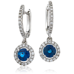 18ct White Gold Sapphire & Diamond Drop Halo Earring