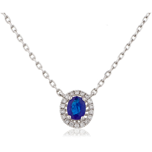 18ct White Gold Diamond Halo Pendant & Chain (Available With Sapphire or Ruby)