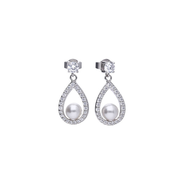 Silver teardrop shape pendant silver with white shell pearl and cubic zirconia