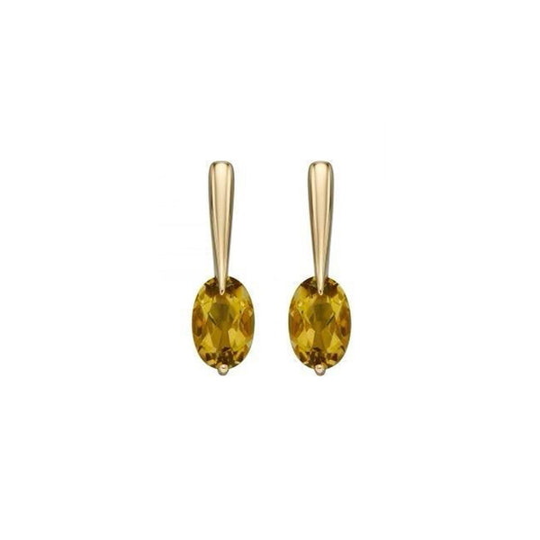 Olive Quartz Long Drop Earrings In 9ct Yellow Gold