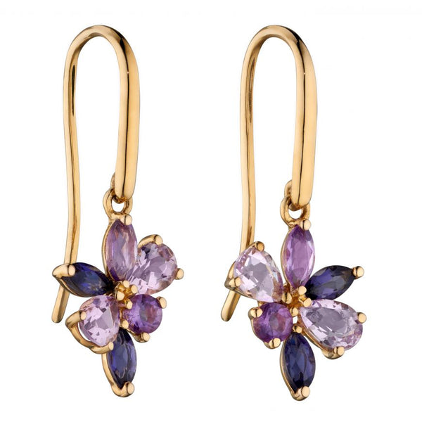 9ct Yellow Gold Amethyst, Iolite And Marquise Teardrop Cluster Earrings