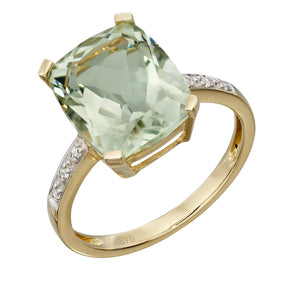 9ct Yellow Gold Green Amethyst And Diamond Ring