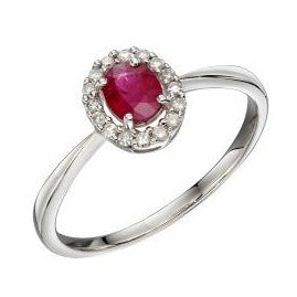 white gold cluster ring with diamonds and red ruby stone
