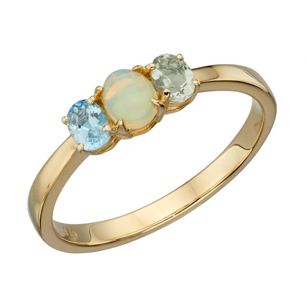 9ct Yellow Gold Opal, Blue Topaz And Green Amethyst Cluster Ring
