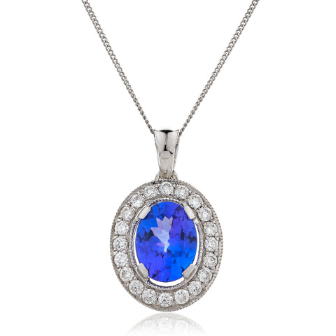 18ct White Gold Tanzanite & Diamond Pendant & Chain