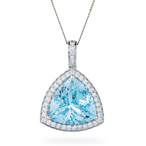 18ct White Gold Trillion Cut Aquamarine & Diamond Pendant & Chain