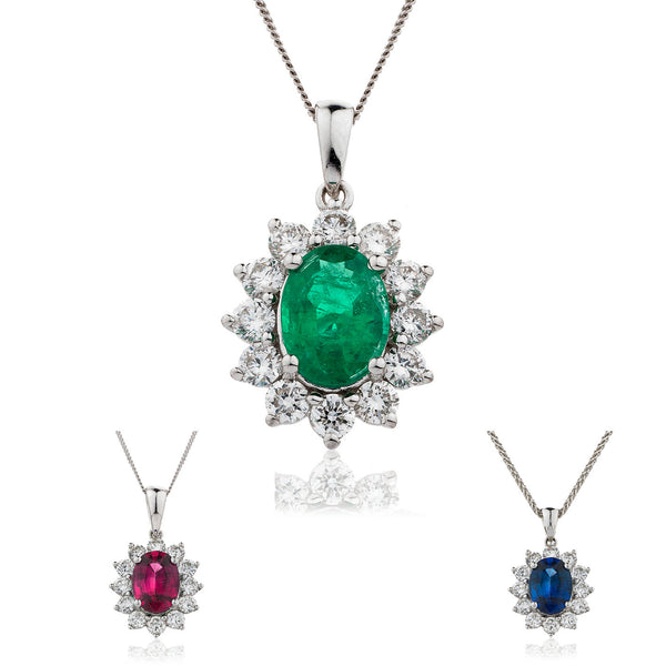 18ct White Gold Diamond Pendant & Chain Available With Sapphire, Ruby Or Emerald