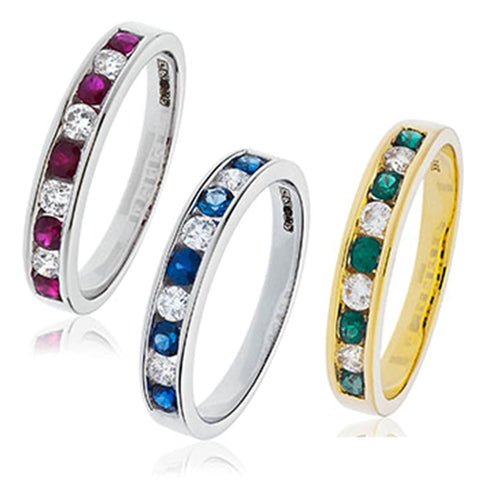 18ct Gold Diamond Channel Set Half Eternity Ring Available With Sapphire, Ruby Or Emerald In White Gold Or Yellow Gold