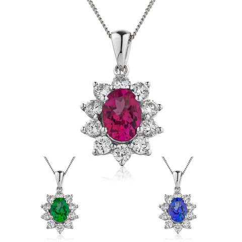 18ct White Gold Diamond Pendant & Chain Available With Sapphire, Ruby & Emerald