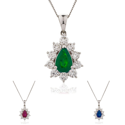 18ct White Gold Diamond Pendant & Chain Available in Sapphire, Ruby Or Emerald