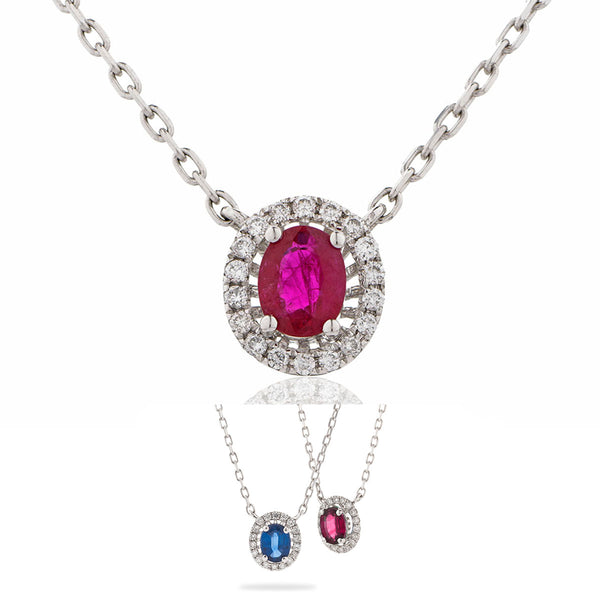 18ct White Gold Diamond Halo Pendant & Chain (Available With Sapphire or Ruby)