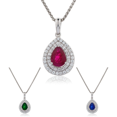 18ct White Gold Diamond Pear Shape Pendant Available In Sapphire, Ruby Or Emerald