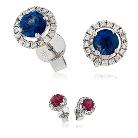 18ct White Gold Diamond Halo Earrings Available With Sapphire Or Ruby
