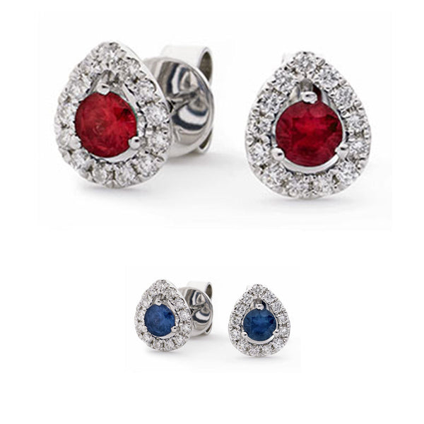 18ct White Gold Pear Shape Diamond Halo Earrings, Available With Sapphire Or Ruby
