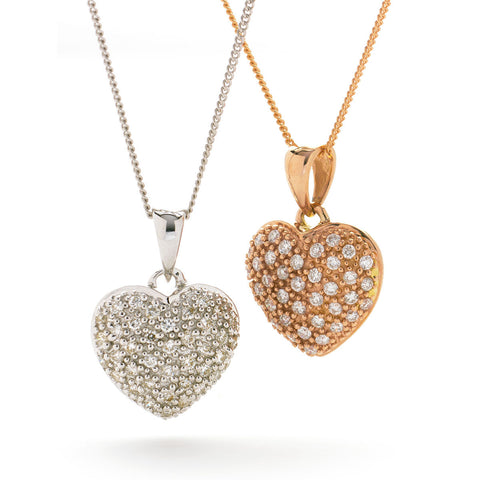 18ct Gold Diamond Set Heart Pendant & Chain (0.20ct) Available In White Gold & Rose Gold