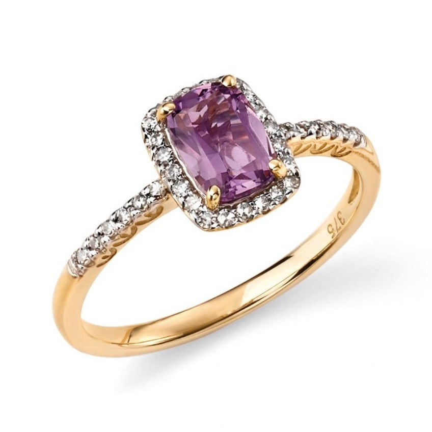 9ct Yellow Gold Diamond and Amethyst Ring