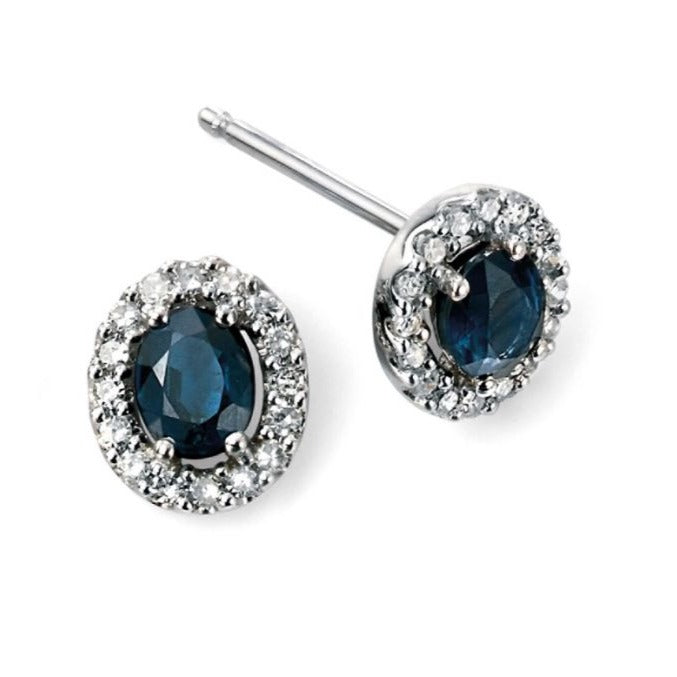 9ct White Gold Diamond and Oval Blue Sapphire Halo Studs