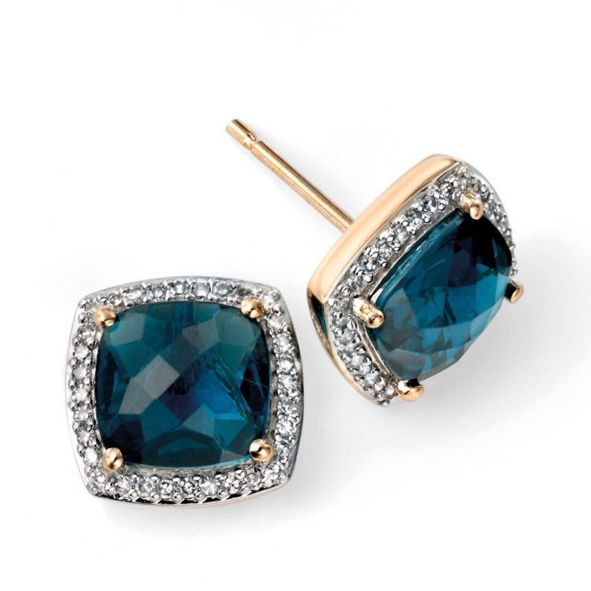Yellow Gold, Blue Topaz and Diamond Earrings