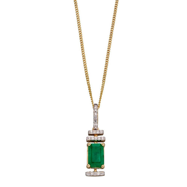 9ct Yellow Gold Emerald And Diamond Deco Pendant