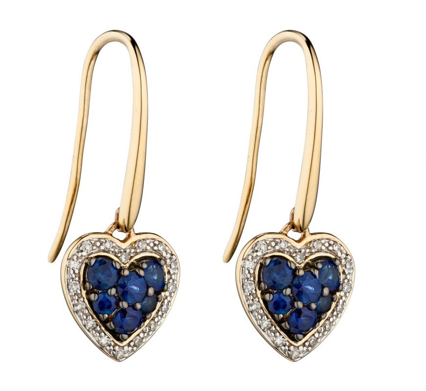 9ct Yellow Gold Sapphire And Diamond Heart Earrings