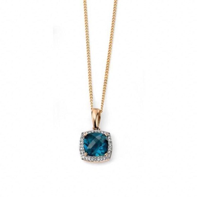 9ct Yellow Gold London Blue Topaz & Diamond Pendant and Chain