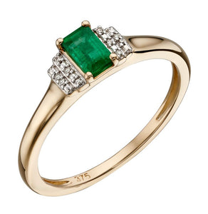9ct Yellow Gold Emerald And Diamond Deco Ring