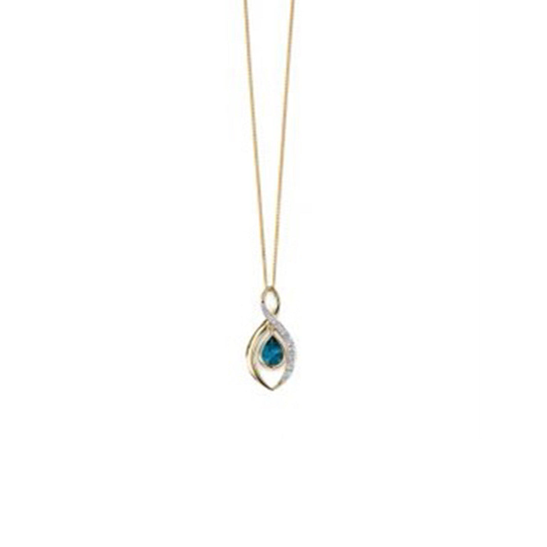 9ct Yellow Gold Diamond and London Blue Topaz Pendant and Chain