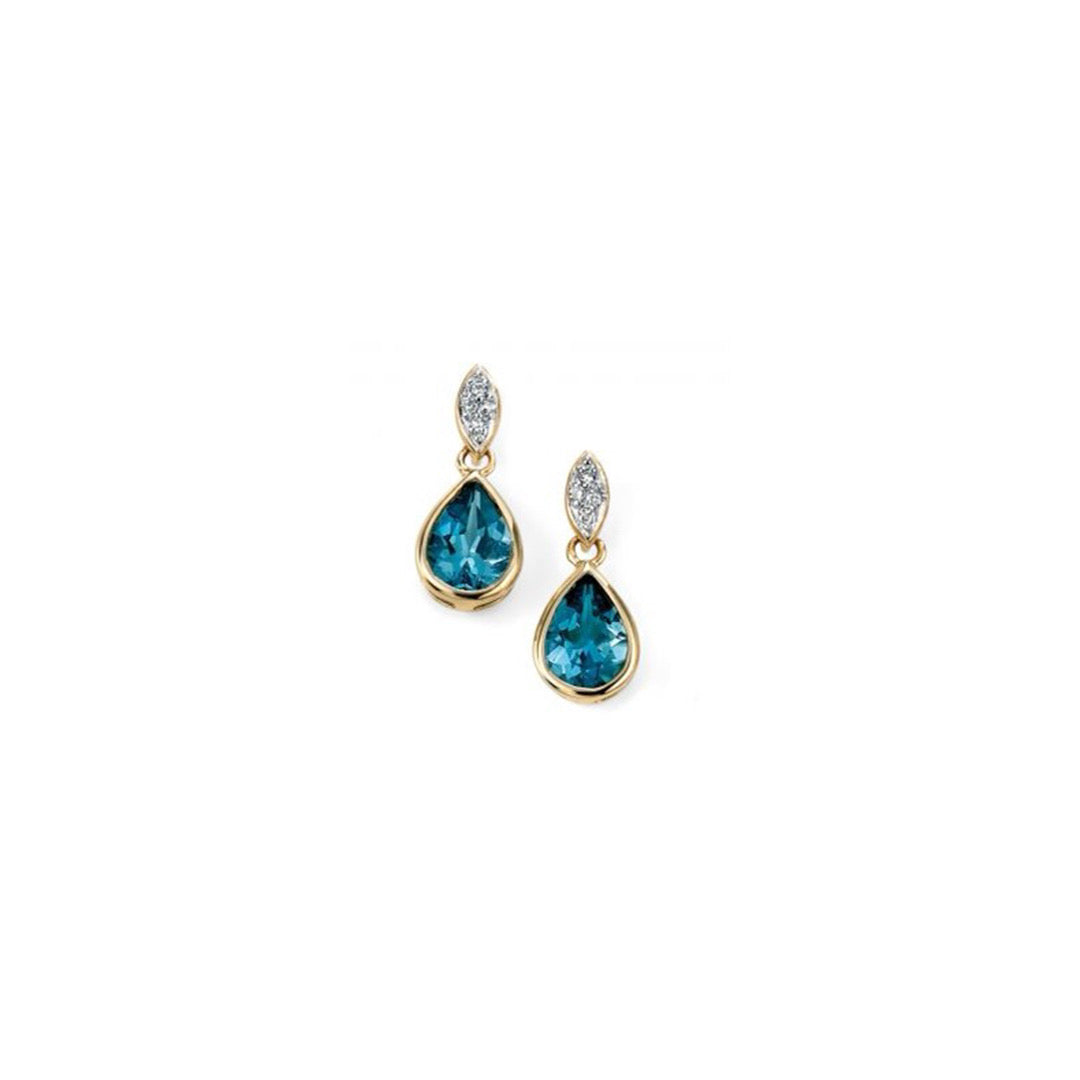 9ct Yellow Gold Diamond and London Blue Topaz Earrings