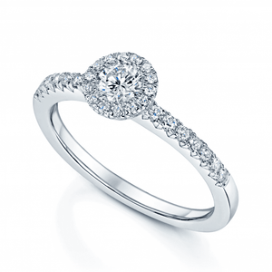 Platinum Brilliant cut Diamond Ring with Halo and Diamond set shoulders - 0.43ct